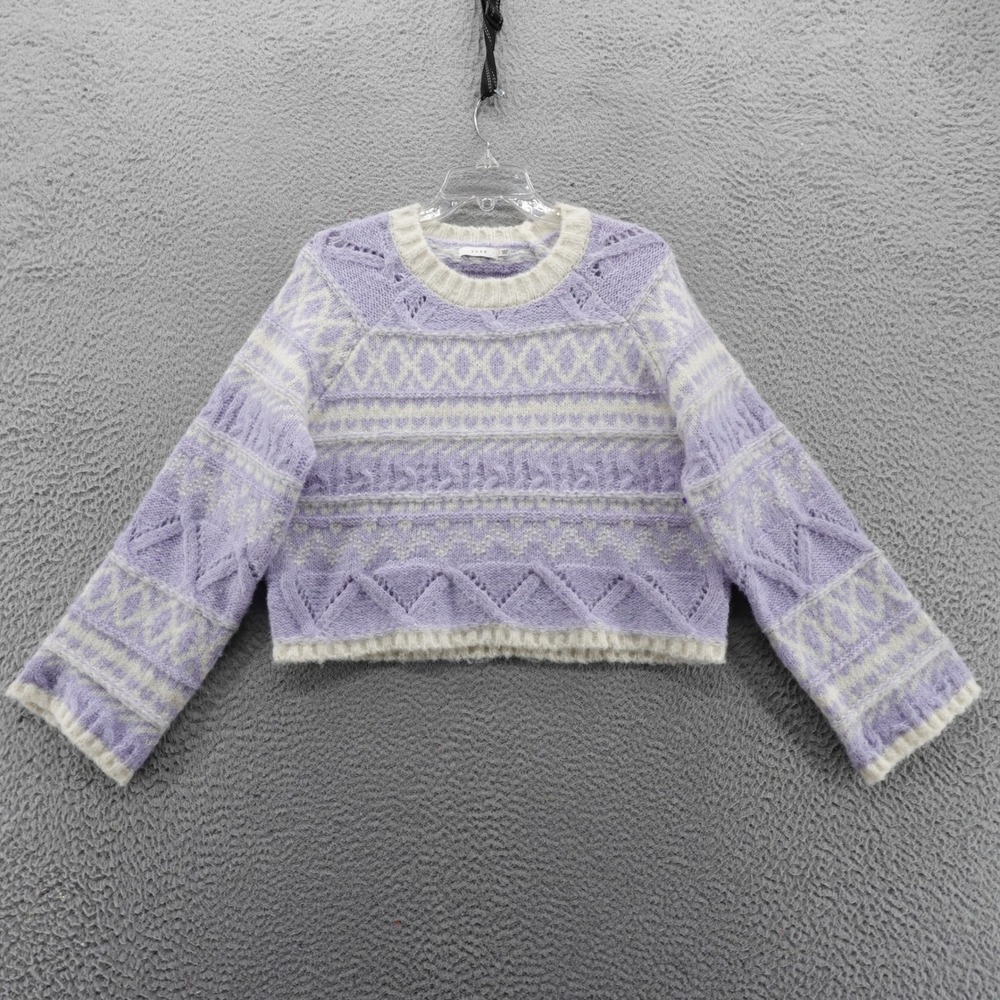 Lush Womens Small Purple Ivory‎ Fair Isle Knit Crop Sweater Bell Sleeve NEW